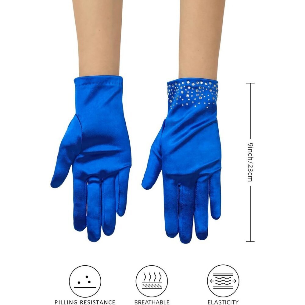 Women's Blue Sparkly Glitter Rhinestone Stretchy Satin Wrist Length Gloves - Picture 3 of 5